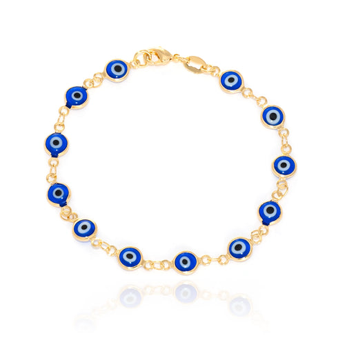 Introducing the Blue Evil Eye Charm Bracelet for Protection Good Luck Turkish Nazar, a captivating 14k gold-filled accessory featuring evenly spaced round blue and white charms that offer both allure and protection.